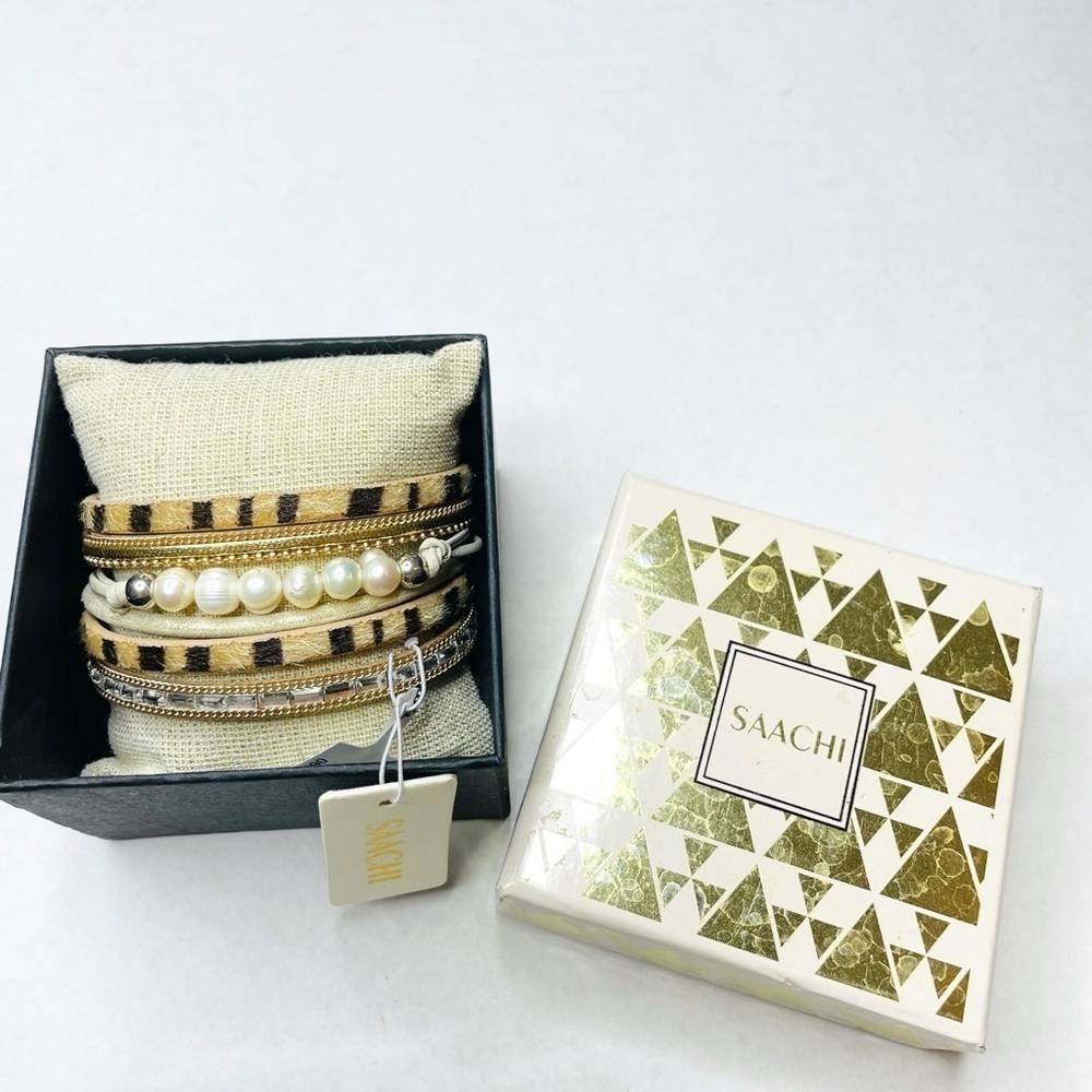 SAACHI Multi Strand Suede Wrap Bracelet Magnetic Clasp - Boho Leopard Pearl Gold